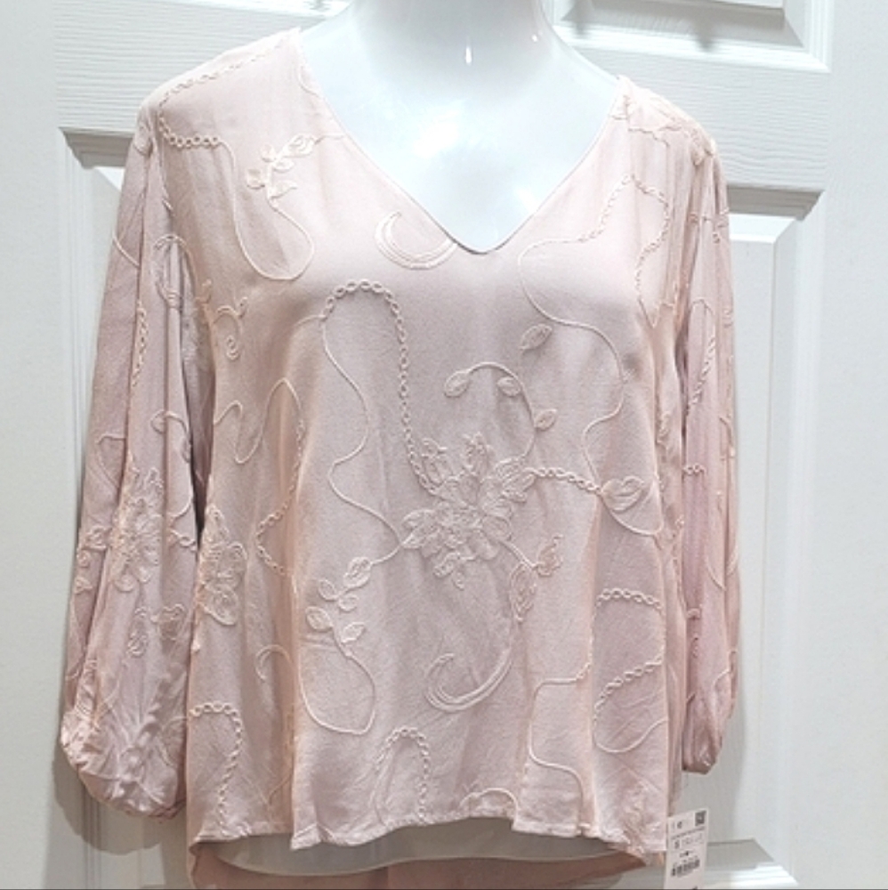 NWT Zara pastel pink embroidered Boxy blouse longsleeves Wide V-Neck size S